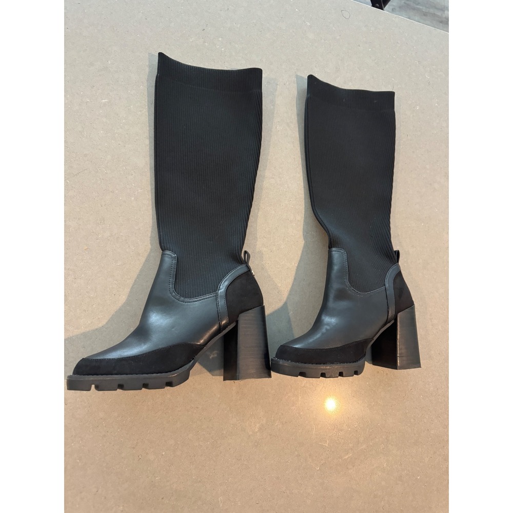 River Island Black Knit Sock Chunky Heel Knee High Boots Womens Size 6 EUR 39
